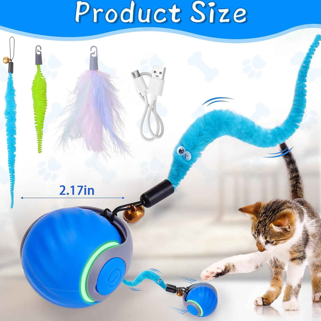 Baborui automatic interactive cat toy ball for small/medium/large cats with 3 tails, 2 speeds, rechargeable blue