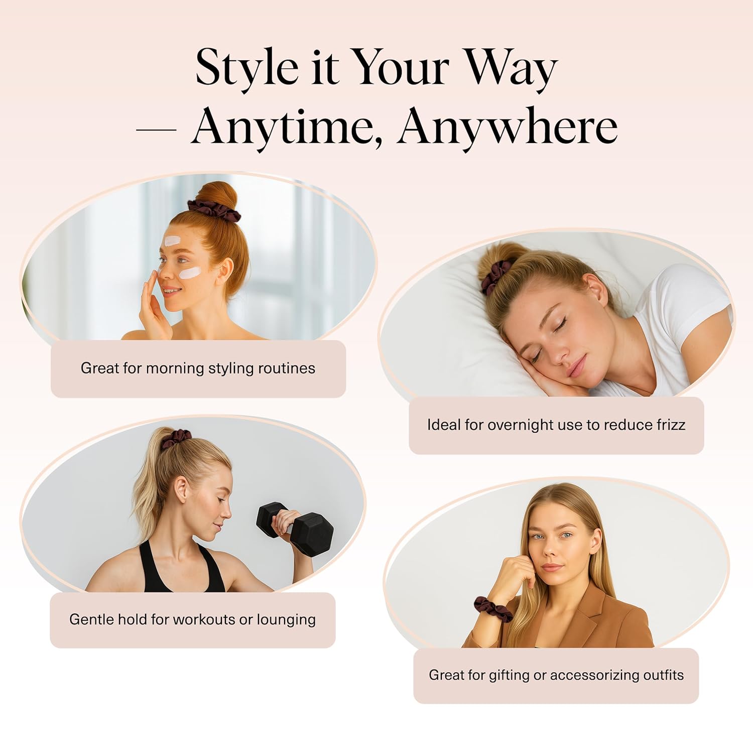 Kitsch Satin Scrunchies for Women - No Crease, Frizz Control | Softer Than Silk Scrunchies Gentle On Hair Scrunchies for All Hair Types | Stylish Hair Accessories College Essentials - Cameo, 5pcs