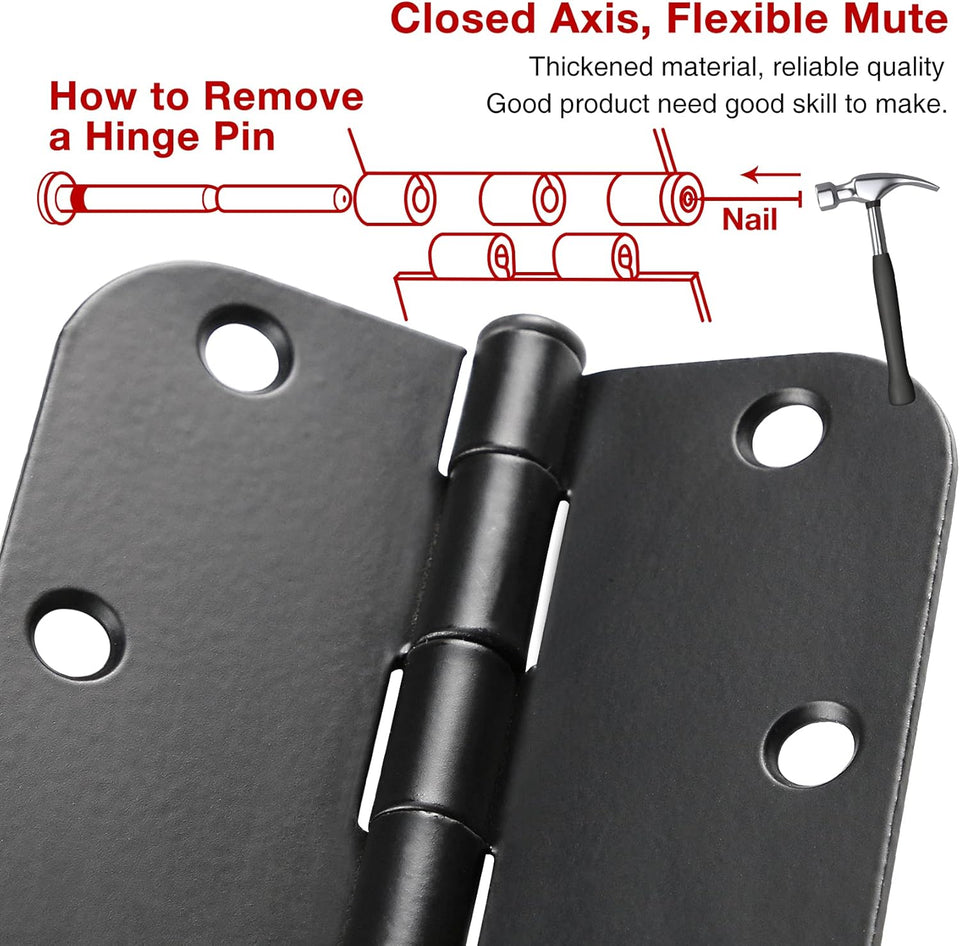 30 Pack Rounded Matte Black Door Hinges 3.5 Inch 5/8" Radius Interior 3 1/2" Flat Iron Bifold Residential Standard Bedroom Indoor for Doors 3 ½"Hardware Control H