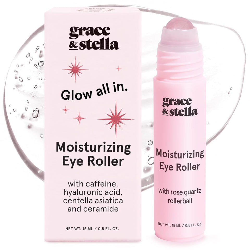 grace & stella Under Eye Brightener with Rose Quartz Rollerball - Centella Asiatica & Caffeine Under Eye Serum for Dark Circles & PLffiness - Travel Essentials, Birthday Gifts for Mom (15ml/0.51floz)