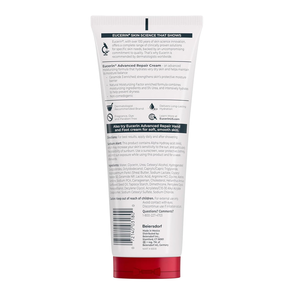 Eucerin Advanced Repair Body Cream for Very Dry Skin, Fragrance Free Daily Body Moisturizer, 8 Oz Tube