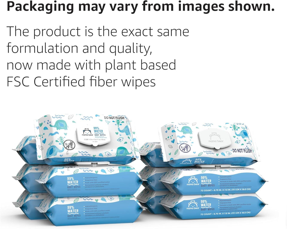 Amazon Brand - Mama Bear 99% Water Baby Wipes, Hypoallergenic, Fragrance Free,72 Count (Pack of 6)