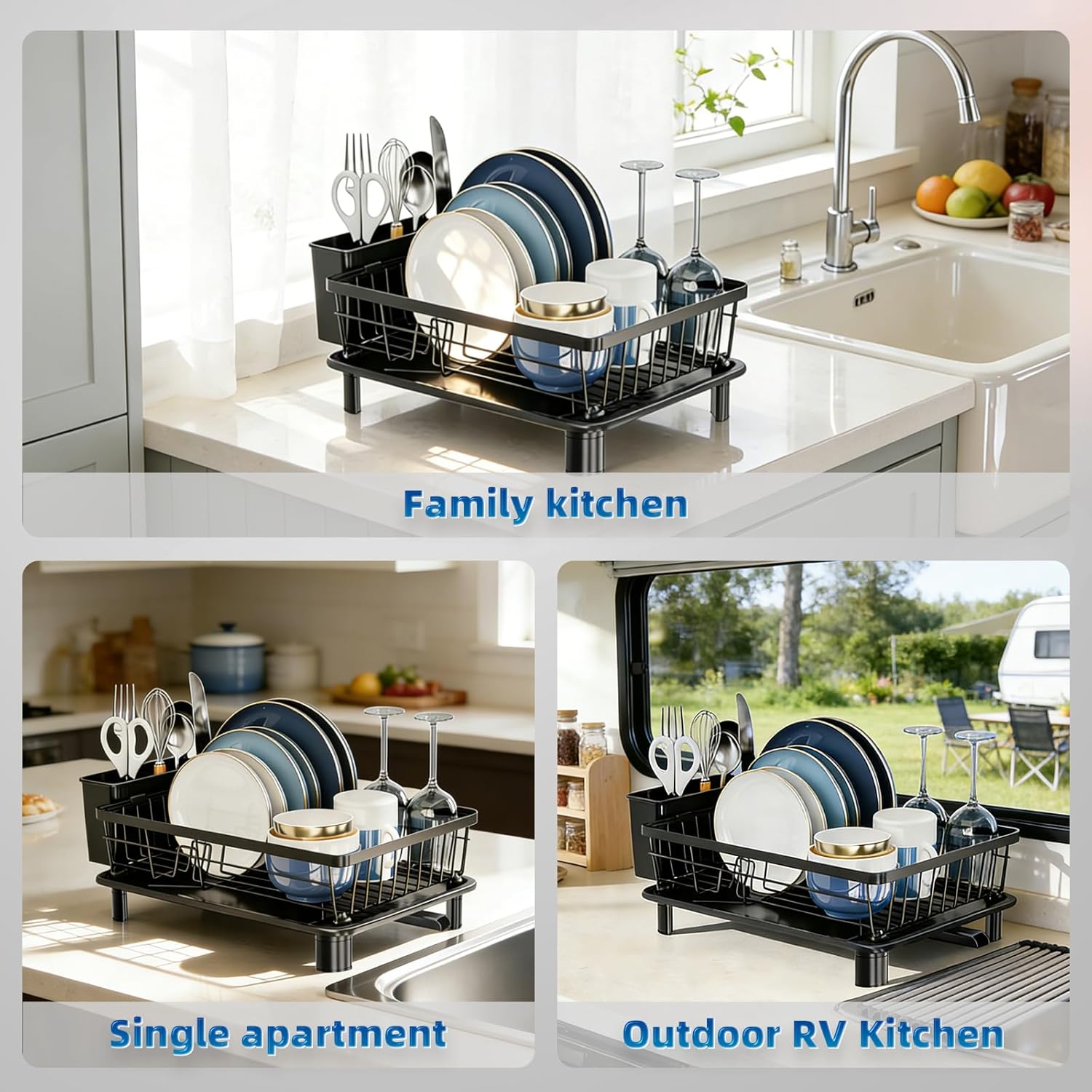 Dish Drying Rack, Stainless Steel-Dish Rack, Dish Racks for Kitchen Counter, Kitchen Dish Drainers with Removable Utensil Holder,New drain outlet,Plate Rack and Drainboard,(Black-11" W x 15" L)