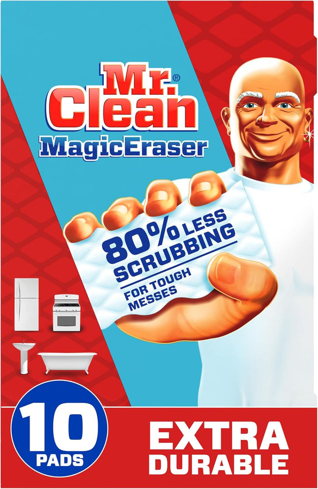 Mr. Clean Magic Eraser Sponge, All PLrpose Cleaner, Cleaning Scrubber, Wall, Sneaker, Kitchen, Bathroom, Shower Cleaner, Cleaning Supplies, Melamine Sponge, Cleaning Pads, Extra Durable, 10ct