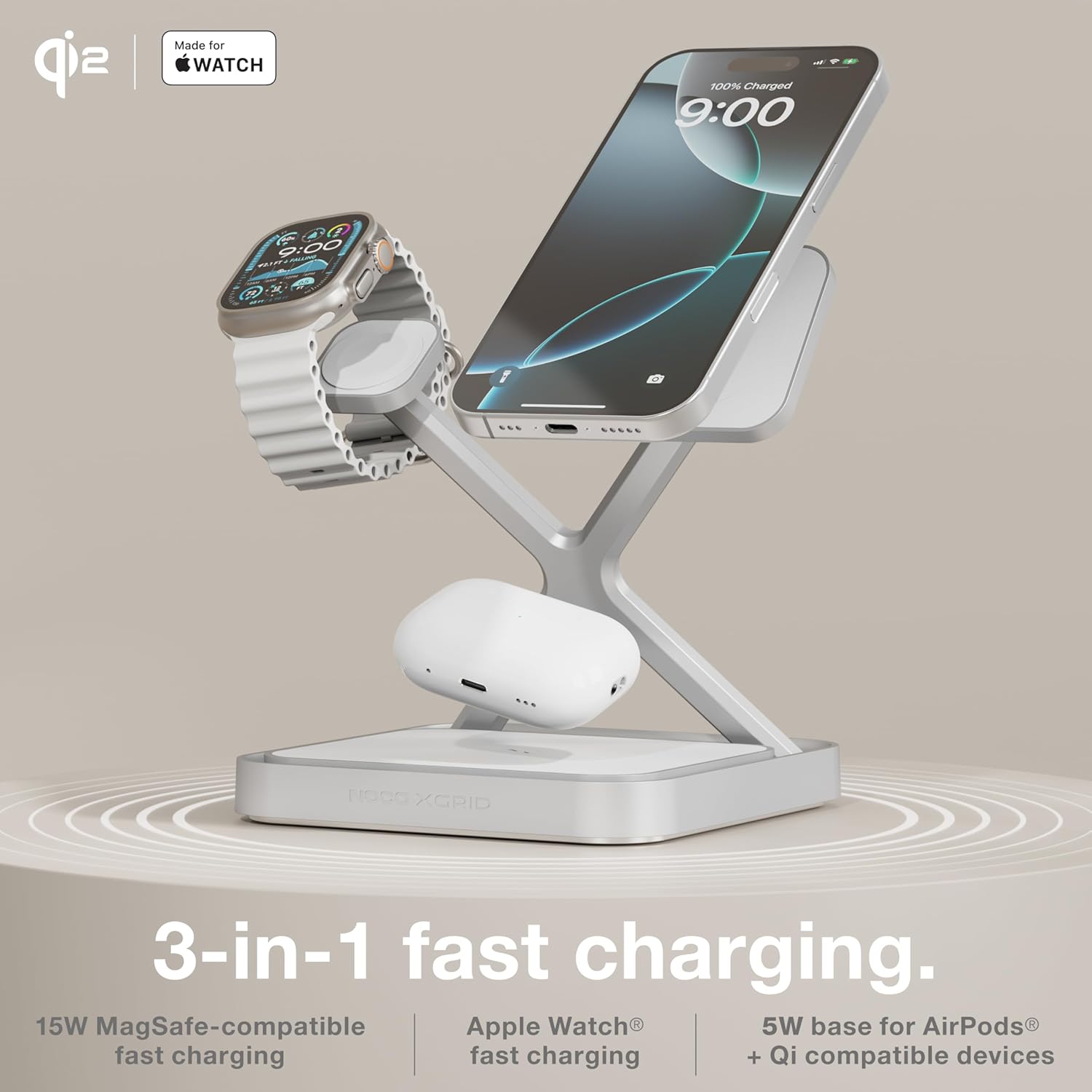 NOCO XGrid XDS3: 3-in-1 Wireless Charging Stand – Charging Station for iPhone, Apple Watch, and AirPods – MagSafe Compatible, Qi2 Certified – Includes 45W USB-C Wall Charger and 6.5-Foot USB-C Cable