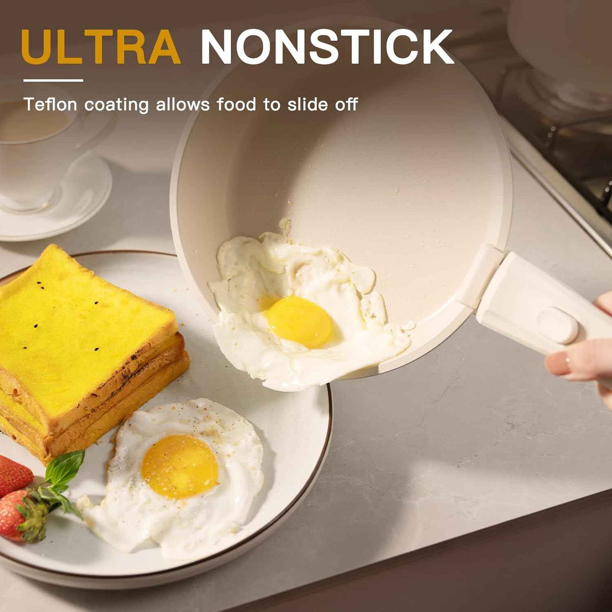 Astercook 21 Pcs Ceramic Non-stick Cookware Set, Detachable Handles, Oven Safe, Induction Ready, Stackable, Cream White