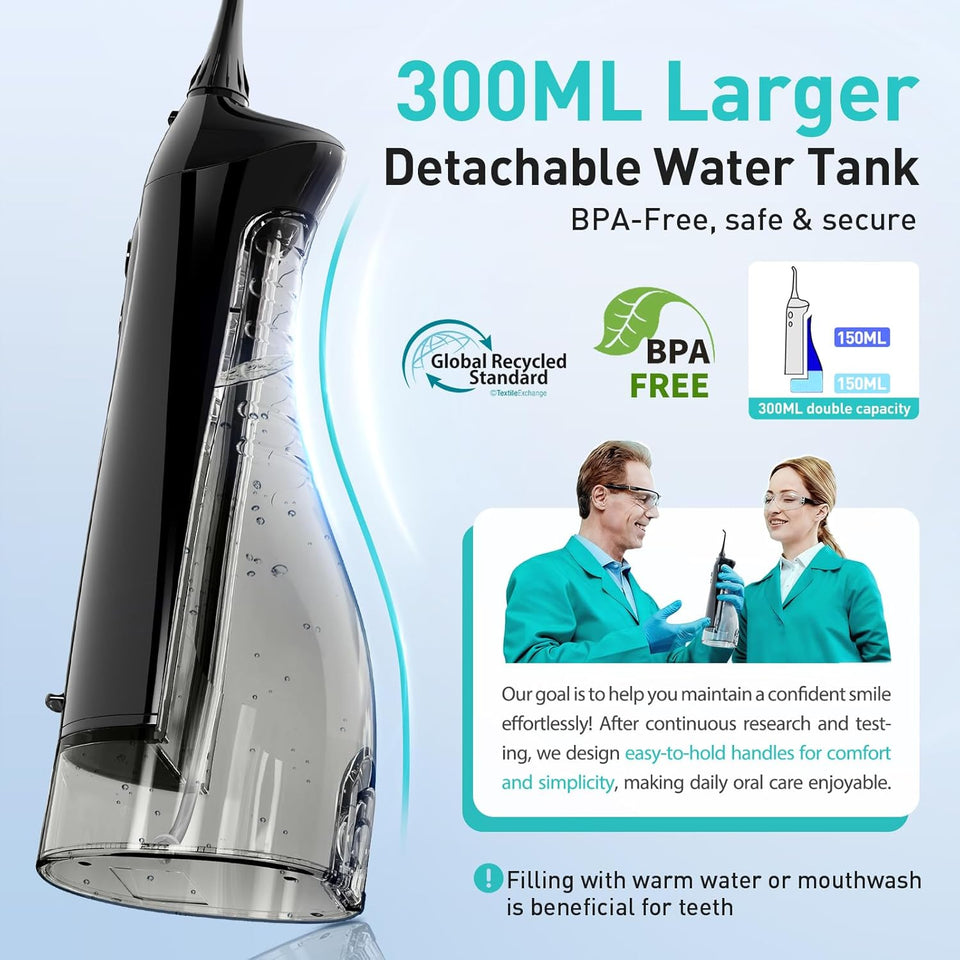 COSLUS Water Dental Flosser Teeth Pick C20: Portable Cordless Oral Irrigator 300ML Rechargeable Travel Irrigation Cleaner IPX7 Waterproof Electric Flossing Machine for Teeth Cleaning