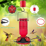 FEED GARDEN Glass Hummingbird Feeder, 16oz Outdoor Hanging Bird Feeder with Ant Moat, 4 Bee-Proof Feeding Ports, 360° Perch, Leak-Proof, Red