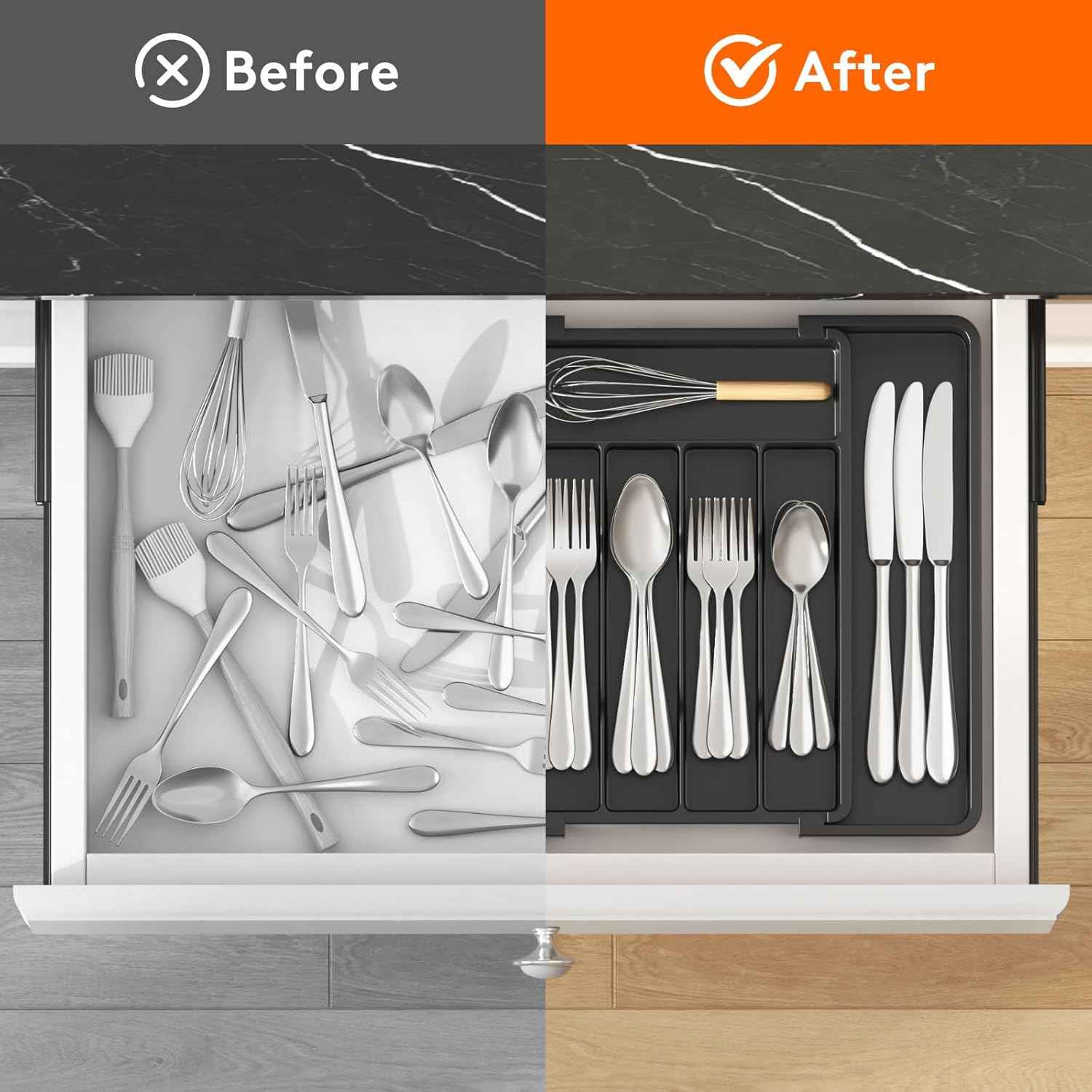 Lifewit Silverware Drawer Organizer, Expandable Utensil Tray for Kitchen, BPA Free Flatware and Cutlery Holder, Adjustable Plastic Storage for Spoons Forks Knives, 8.5-14 x 12", Black