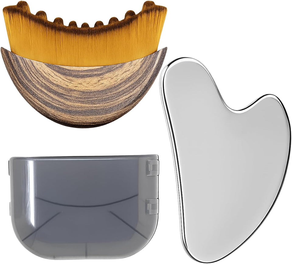 Stainless Steel Gua Sha Tool & Lymphatic Drainage Face Brush Set, TWPER Facial Massage Kit for Jawline Sculpting PLffiness Lifting Relaxation, Contour Face Brush with Storage Case