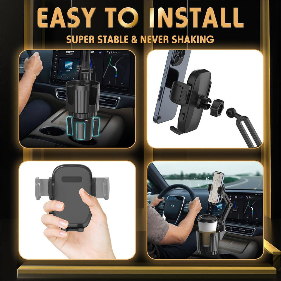 Phone Holders for Your Car, 2 in 1 Universal Cup Holder Expander Adjustable Base with Phone Mount, Long Arm with 360å¡Rotation Cup Holder Phones Mount for Car Compatible with All Smartphones - PureLivingMart