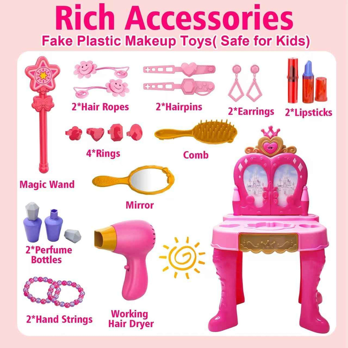 Toddler Vanity Magic Makeup Set Table & Chair Girl Toy Automatically Mirror with Music Light Pink Toys for 2 3 4 Year Old Girl Hair Salon Pretend Play Princess Dress Up Playset Valentine Gift age 3-5