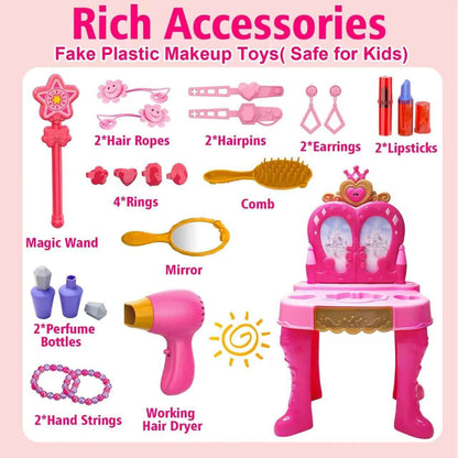 Toddler Vanity Magic Makeup Set Table & Chair Girl Toy Automatically Mirror with Music Light Pink Toys for 2 3 4 Year Old Girl Hair Salon Pretend Play Princess Dress Up Playset Valentine Gift age 3-5