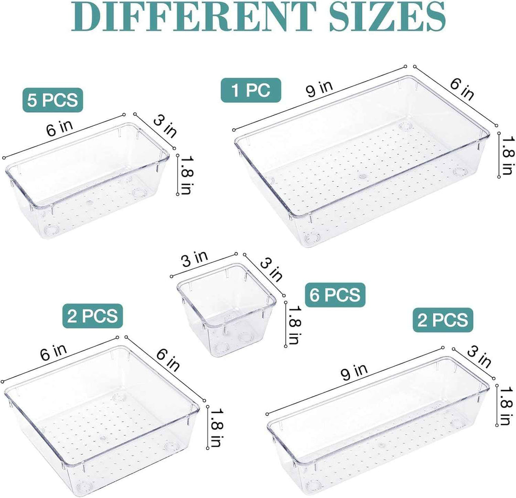 16-Piece Drawer Organizer Set - Clear Storage Bins for Makeup, Jewelry, Utensils and Gadgets