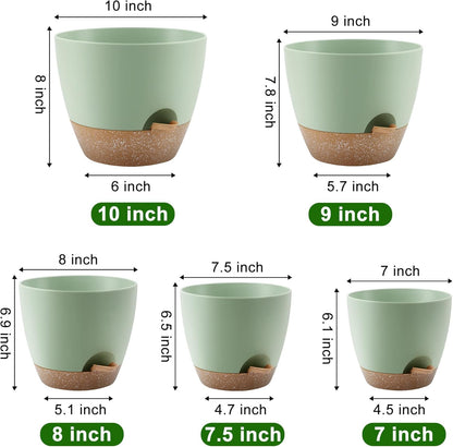 Plant Pots 10/9/8/7.5/7 Inch Self Watering Pots, Set of 5 Plastic Planters with Drainage Holes and Saucers,Plastic Flower Pots,Nursery Planting Pot for Indoor Out Door Plants（Green）