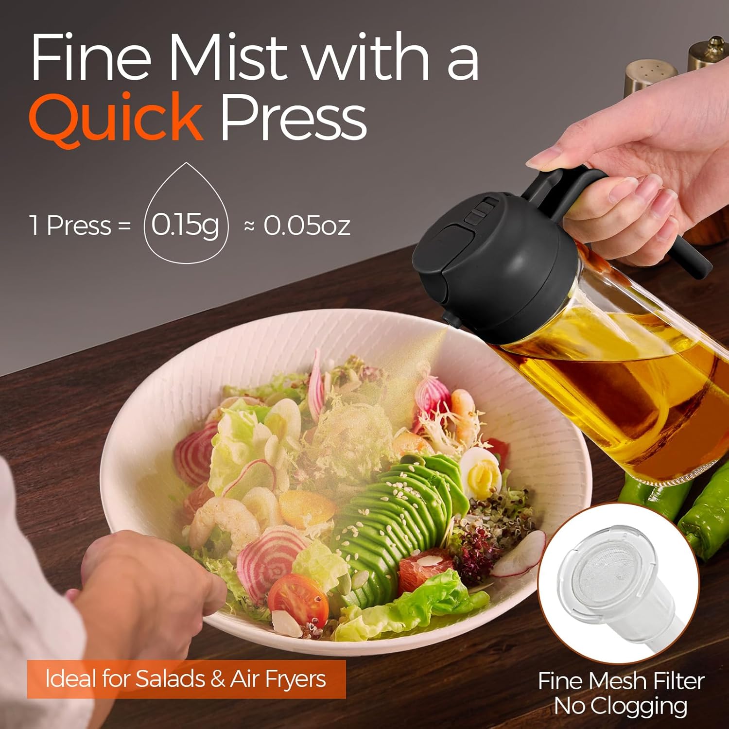 YARRAMATE 16oz/470ml Glass Olive Oil Sprayer for Cooking with Stickers, 2 in 1 Oil Dispenser for Kitchen Gadgets, Food Grade Premium Spray Bottle with Portion Control for Salad, Frying, BBQ (Black)