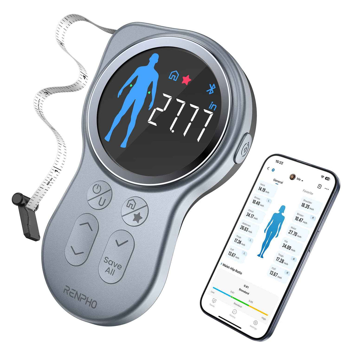RENPHO Smart Tape Measure with Large Display, Bluetooth Body Measuring Tape with App for Weight Loss, Fitness Shape, Measure Circumference Length