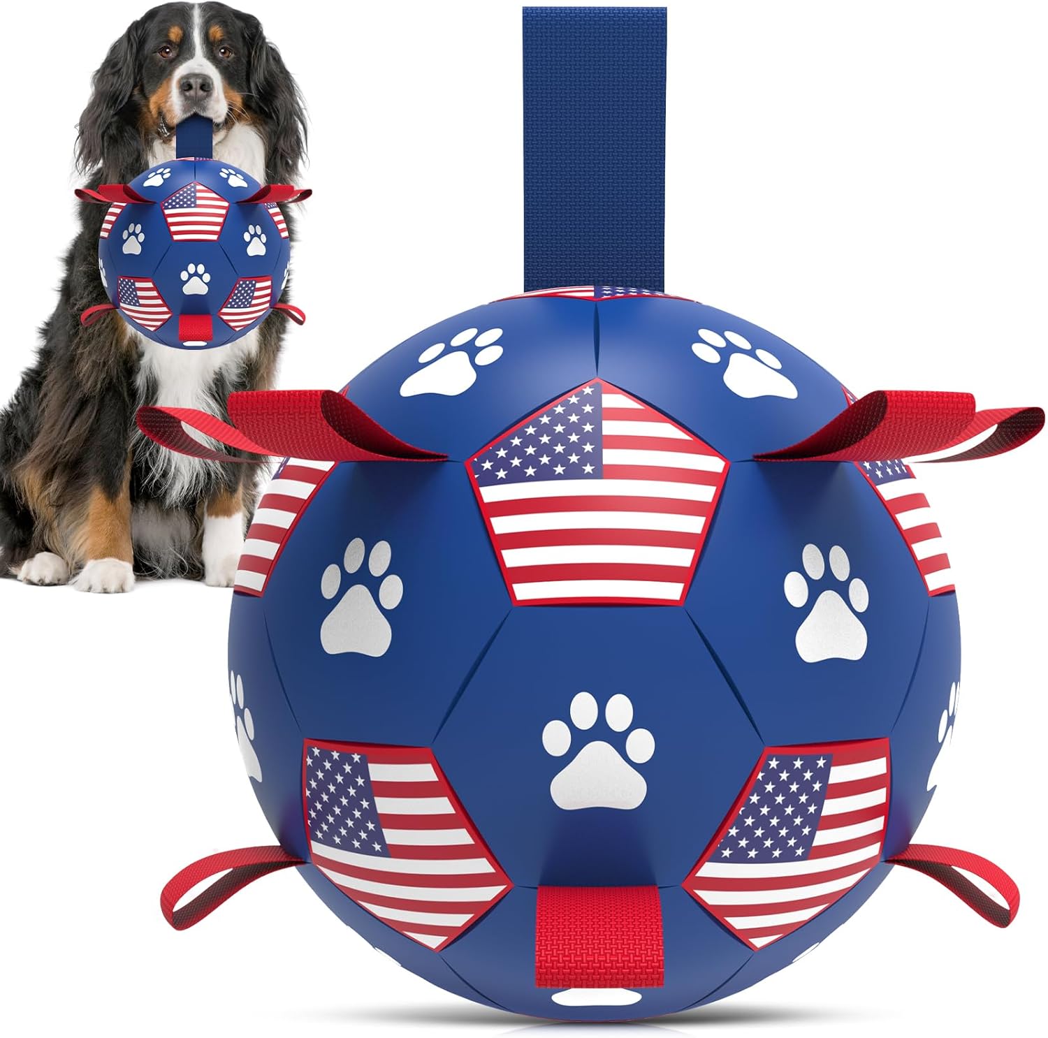 Qdan dog toys 6 inch world cup dog soccer ball with straps for small medium pet outdoor play
