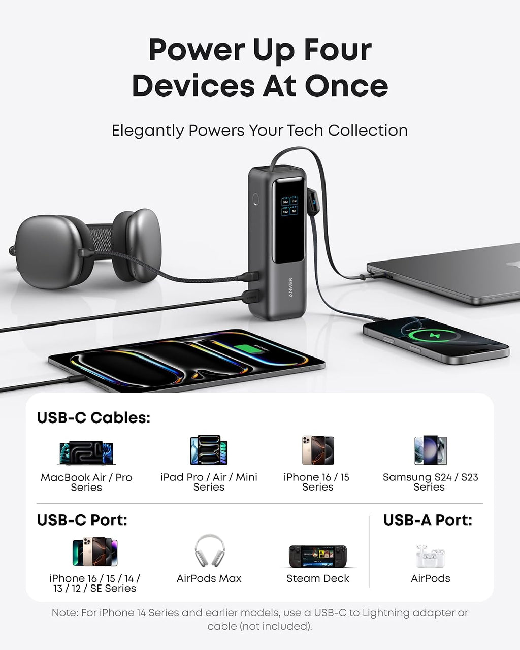 Anker Laptop Power Bank,25,000mAh Portable Charger with 165W Total Output,3 USB-C Ports (100W Max Each),Built-in Retractable Cables,Flight-Ready,for iPhone 17/16 Series,MacBook,Samsung,and More