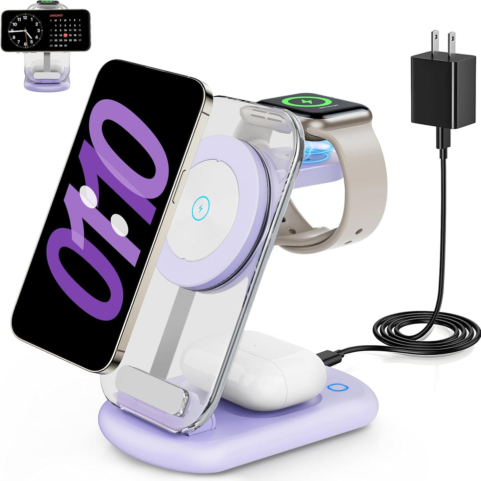 2025 Traveling Wireless Mag-Safe Fast Charging Station,Magnetic 3 in 1 Charger with Light for iPhone 17 16 15 14 13 12 Pro Max Plus,Apple Watch& Air pods 4 3 2 Pro-Gifts for Wife & Husband(White) - PureLivingMart