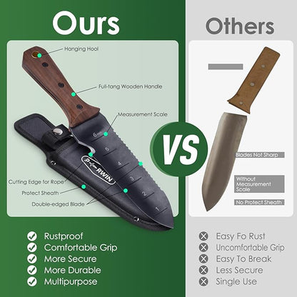 Hori Hori Garden Knife, Garden Tools with Sheath for Weeding,Planting,Digging, 7" Stainless Steel Blade with Cutting Edge, Full-Tang Wood Handle with Hanging Hole - Cart Shape