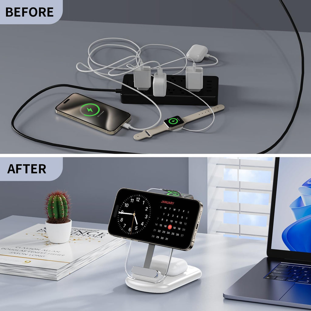 2025 Traveling Wireless Mag-Safe Fast Charging Station,Magnetic 3 in 1 Charger with Light for iPhone 17 16 15 14 13 12 Pro Max Plus,Apple Watch& Air pods 4 3 2 Pro-Gifts for Wife & Husband(White) - Rayz Mart