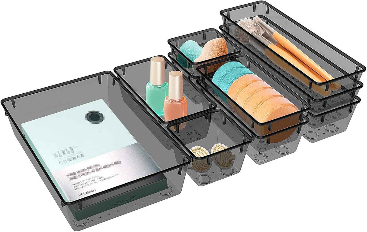 16 PCS Drawer Organizer Set, 5 Varied Size Bathroom and kitchen Drawer cabinet organizer Trays, Clear Storage Bins for Makeup, Jewelry, Utensils and Gadgets