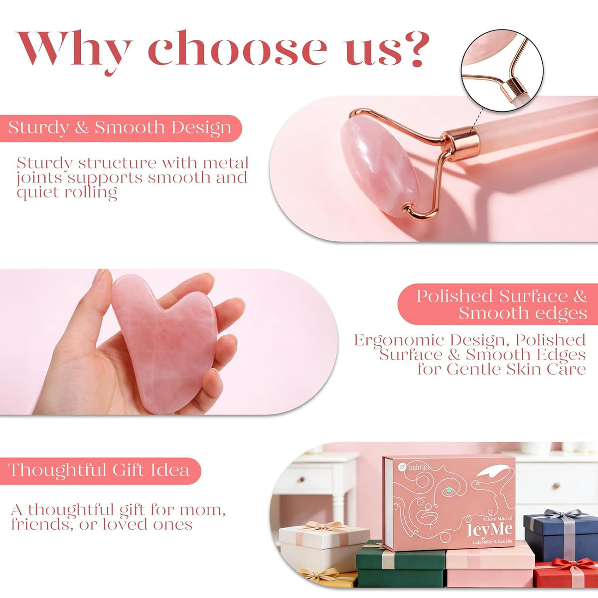 BAIMEI IcyMe Jade Roller & Gua Sha, Face Roller Redness Reducing Skin Care Tools, Self Care for Men Women, Massager for Face, Eyes, Neck, Relieve Fine Lines and Wrinkles - Rose Quartz