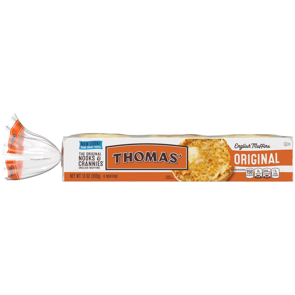 Thomas’ Original English Muffins, 6 Count, 13 Oz Package of English Muffins