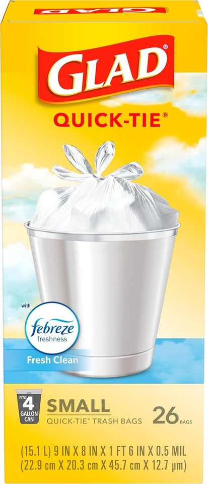 Glad Small Trash Bags 4 Gallon, Febreze Fresh Clean Garbage Bags, Odor Resistant with Quick Tie, 26 Count - PureLivingMart