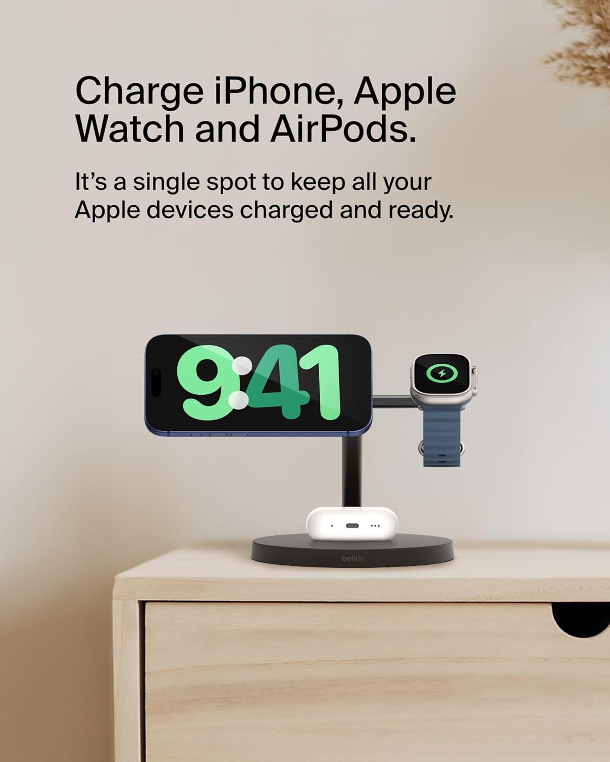 Belkin MagSafe-Compatible iPhone Charger, 3-in-1 Wireless Charging Station, Qi2-Certified 15W Wireless Charge for Apple iPhone 17 Series, Apple Watch, AirPods w/Non-Slip Base, 40W Included - Black
