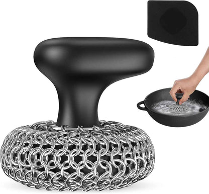 Purgreat Cast Iron Scrubber | Dish Scrub Brush | 316 Cleaner Chainmail Scrubber for Cast Iron Pan Skillet Cleaner - Dish Scouring Pad Dishwasher Safe Cleaning Kit, Black 02