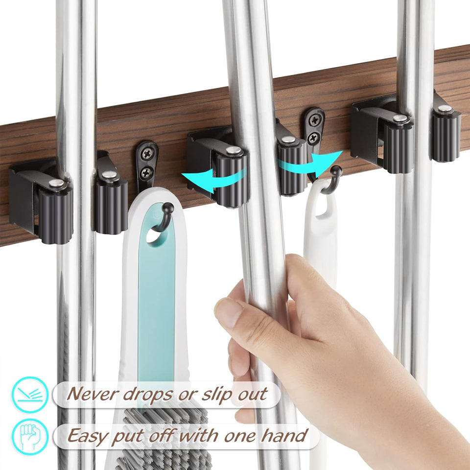 Mop and Broom Holder Wall Mount - Rustic Wood Broom Mop Hanger - Wall Mounted Garden Tool Rack Organizer for Closet Garage Laundry Room Kitchen Decor With 4 Slots & 4 Hooks - PureLivingMart