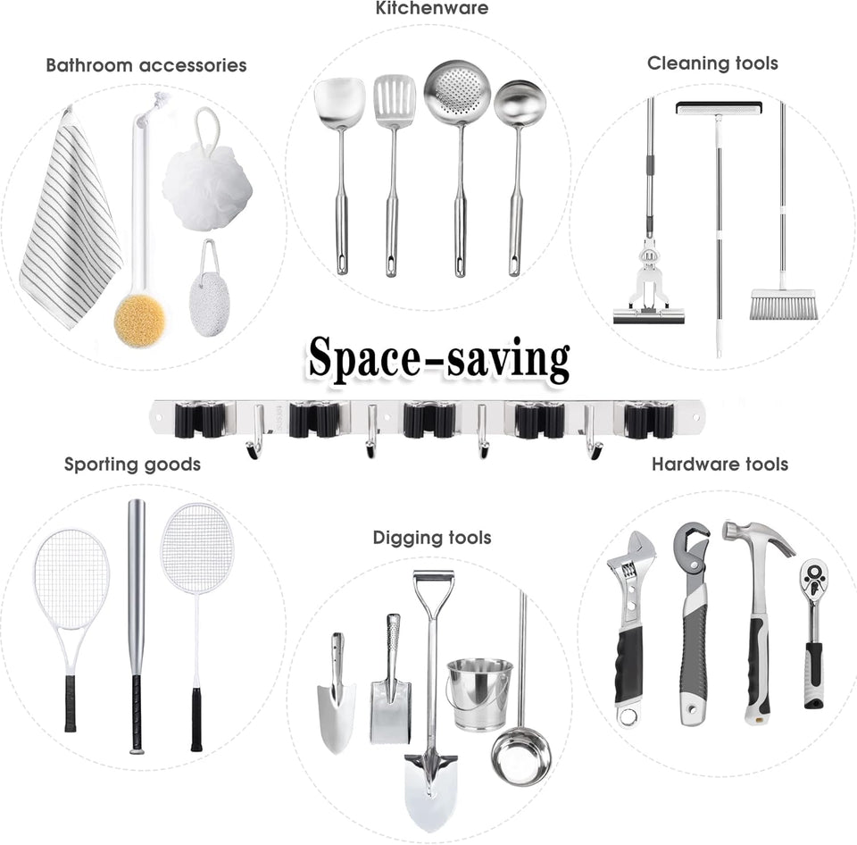 AceMining 5 Racks and 4 Hooks Mop and Broom Holder Wall Mount, Broom Organizer Storage Tool Racks Stainless Steel Heavy Duty Hooks Self Adhesive Solid Non-slip for Home Kitchen Garden Laundry Garage