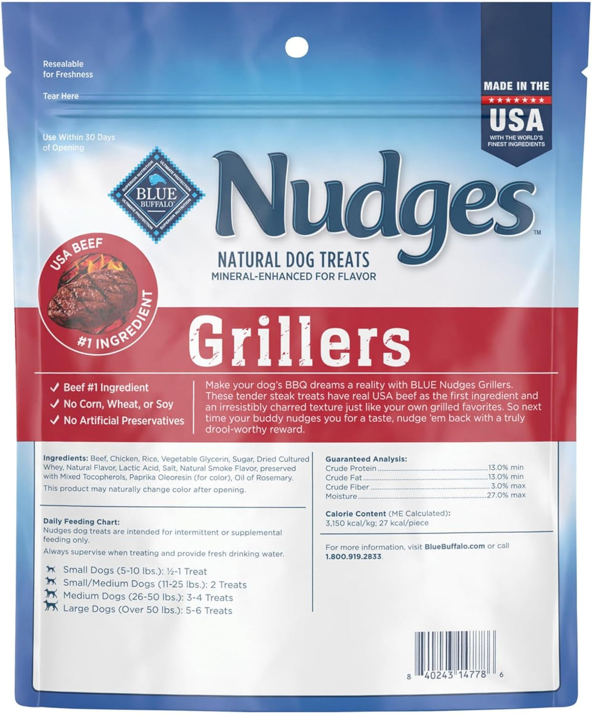 Blue Buffalo Nudges Grillers Natural Dog Treats, Made in the USA with Real Steak, 16-oz Bag