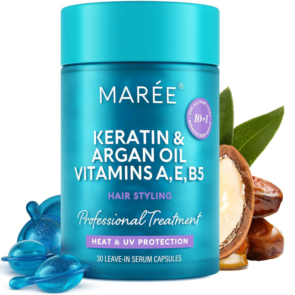 MAREE Hair Serum for Frizzy Dry Hair – Styling Capsules with Keratin, Argan Oil, Vitamins A E B5 – UV & Heat Protectant Frizz Control Serum for Women – Aceite Para el Cabello Treatment | for Frizzy, for Women, Frizzy, Damaged