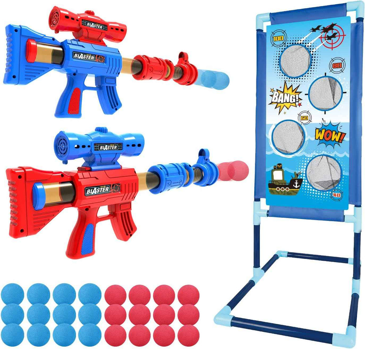 YEEBAY Shooting Game Toy for Age 6, 7, 8,9,10+ Years Old Kids, Boys - 2pk Air Guns & Shooting Target & 24 Foam Balls - Ideal Gift - Compatible with Toy Guns