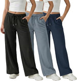 Common Stitch 3 Pack Wide Leg Fleece Lounge Sweatpants for Women — Deep Pockets, Relaxed Fit, Elastic Drawstring Waist