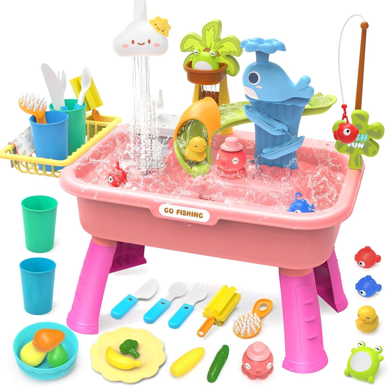 21 Blue Kids Kitchen Sink Toy with Electric Faucet 4-in-1 Play Set with Detachable Legs and Fishing Game