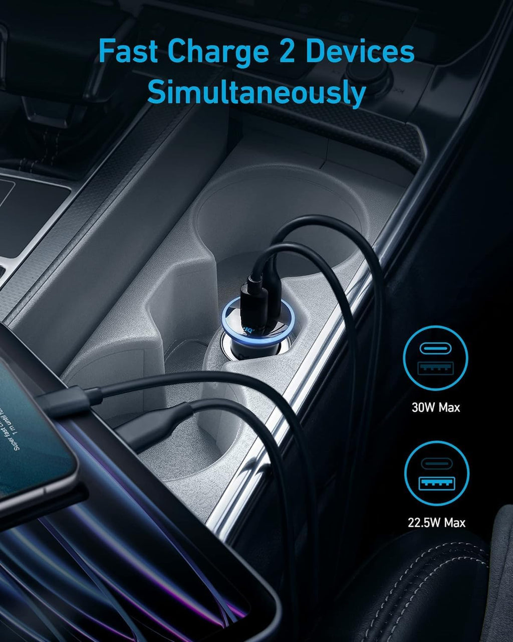 anker 52.5w dual-port usb-c car charger with poweriq 3.0 for iphone and galaxy