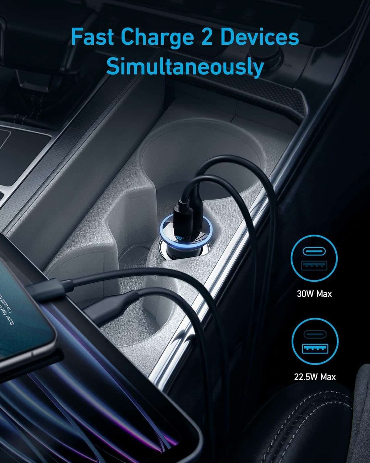 anker 52.5w dual-port usb-c car charger with poweriq 3.0 for iphone and galaxy