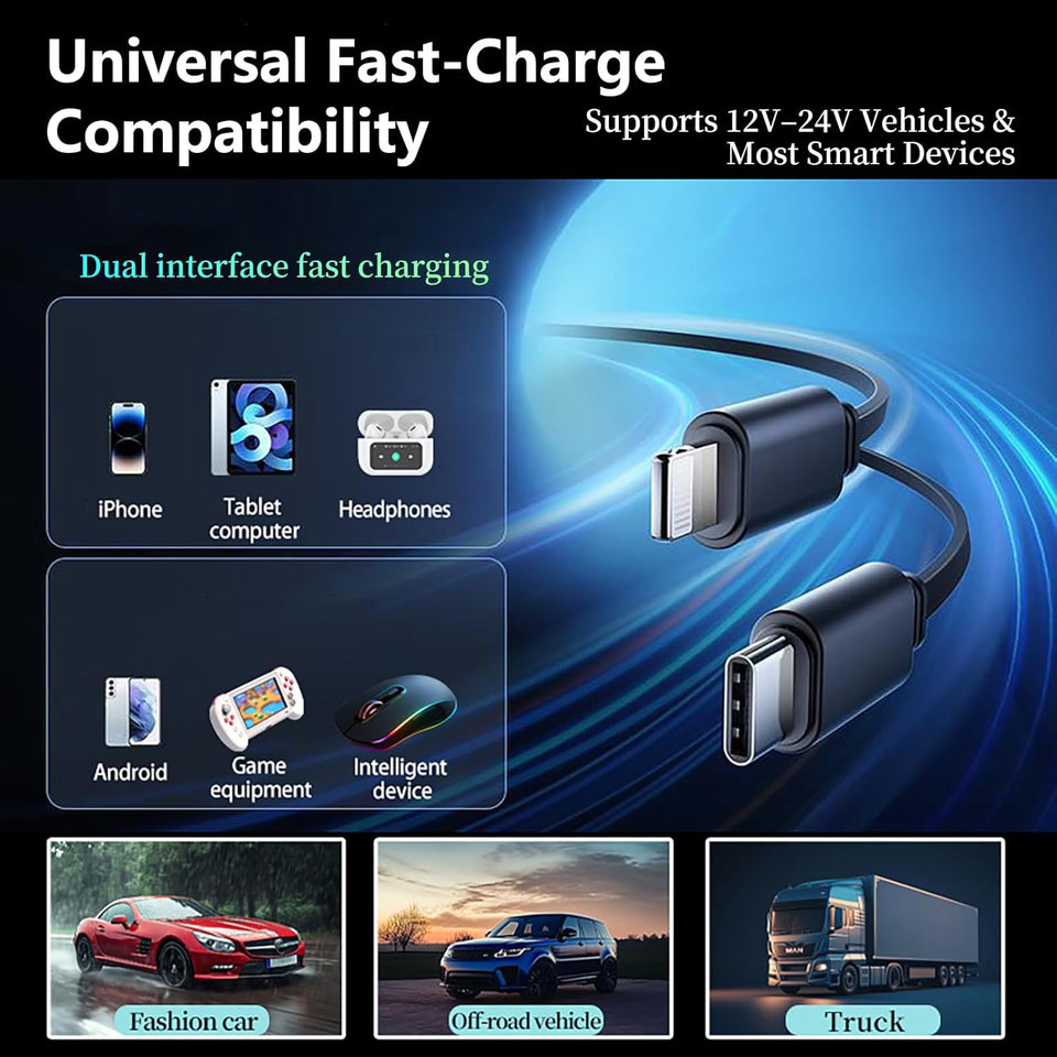 MLVOC 120W Fast Charging Car Charger with Earbuds, Retractable 4-in-1 USB-C & Lightning for iPhone & Android (Black) - PureLivingMart