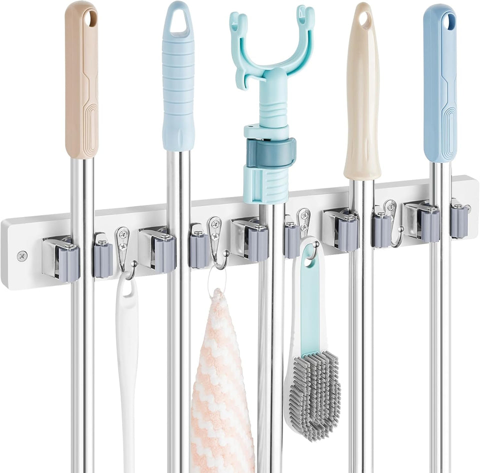 Mop and Broom Holder Wall Mount - Rustic Wood Broom Mop Hanger - Wall Mounted Garden Tool Rack Organizer for Closet Garage Laundry Room Kitchen Decor With 4 Slots & 4 Hooks - PureLivingMart