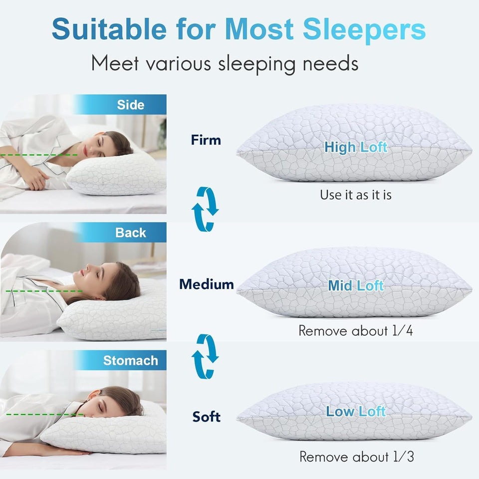 QUTOOL Cooling Pillow for Sleeping, CertiPLR-US Shredded Memory Foam Queen Pillows Set of 2, Cool Pillow for Hot Sleepers Adjustable Firm Pillow for Side, Back, Stomach Sleepers Soft Yet Support,White