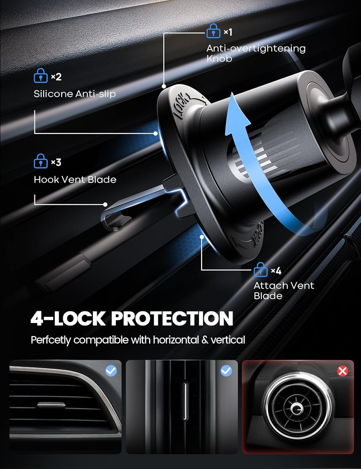 Lamicall 2026 Wider Clamp & Metal Hook Car Phone Holder Vent [Thick Cases Friendly] Phone Holders for Your Car Mount Gfts Automobile Hands Free Accessories for Women Men for iPhone 16 15 14 13 Pro Max