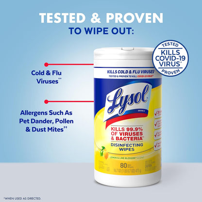 Lysol Disinfectant Wipes, Multi-Surface Antibacterial Cleaning Wipes, For Disinfecting and Cleaning, Lemon and Lime Blossom, 80 Count (Pack of 3)