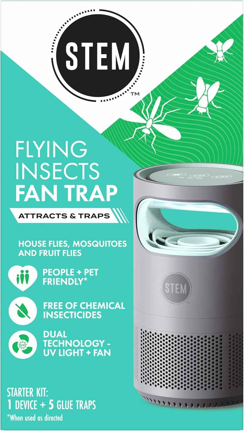 STEM Flying Insect Fan Trap for Indoor Bug Control, Attracts Mosquitoes, Fruit Flies, and House Flies, Plug-in Fan with UV Light, Starter Kit Includes 1 Device and 5 Glue Traps