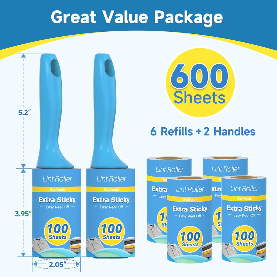 Swihauk 600 Sheets Extra Sticky Lint Rollers for Pet Hair, Easy Spiral Tear Lint Roller for Clothes with Ergonomic Handle, MultiPLrpose Lint Remover for Furniture, Carpet, Car Seat