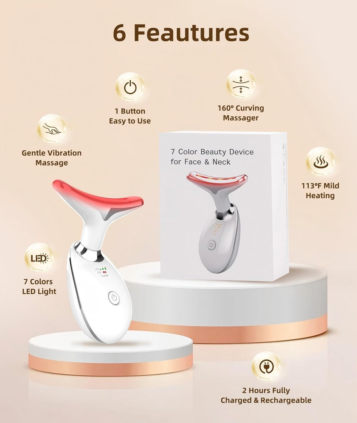 7 Color Face and Neck Massager Light Therapy, Red Light Based Facial Massager for Skin Care, Smoothing, Firming (White)