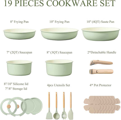 CAROTE Pots and Pans Set, Nonstick Cookware Set Detachable Handle, 19pcs Induction Kitchen Cookware Sets Non Stick with Removable Handle, RV Cookware Set, Oven Safe, Sage Green